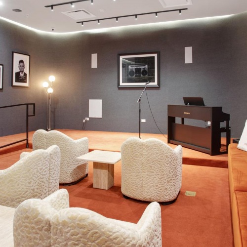 Quick access to state-of-the-art amenities a living room with a piano and couches